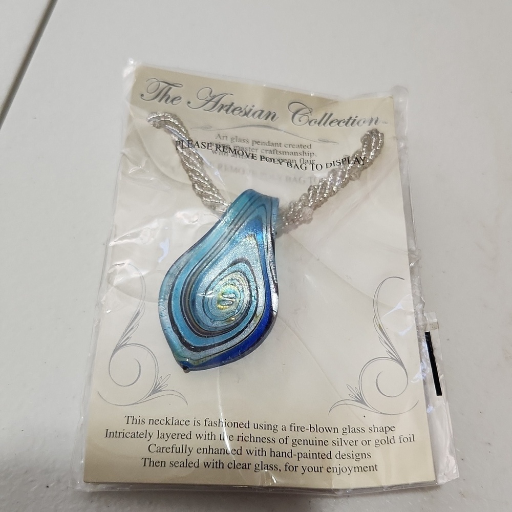 The Artesian Collection Necklace Glass Blown New Glass Pendant Blue White